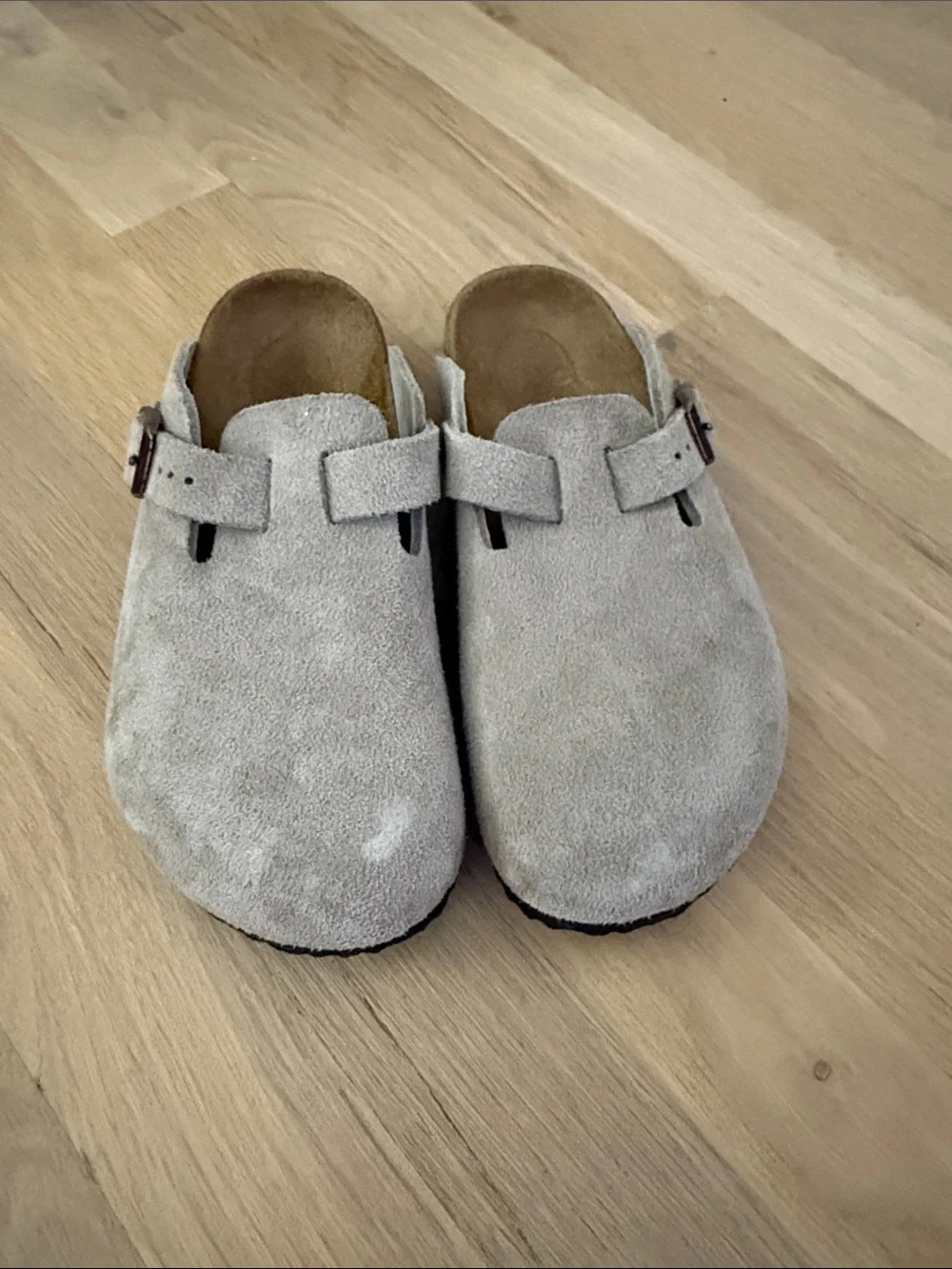 Birkenstock Kids Suede Clog in Beige with Silver Buckle